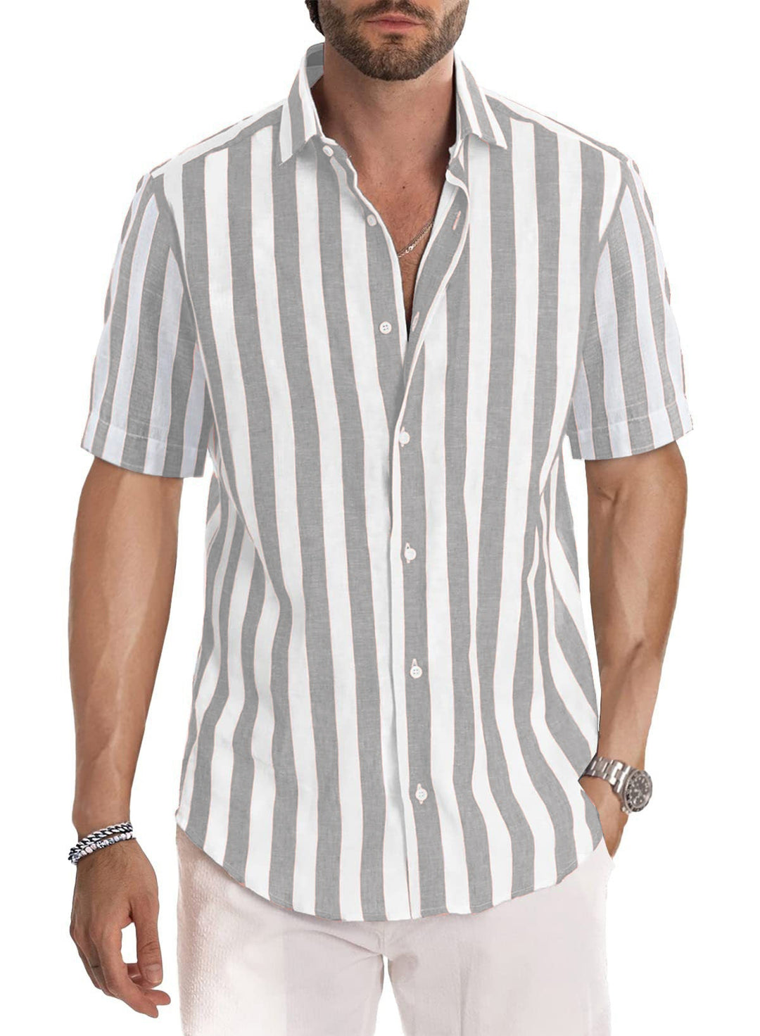 Men's Shirt Made of Lightweight, Breathable Cotton-Linen Blend with Modern Stripe Pattern Lisslune