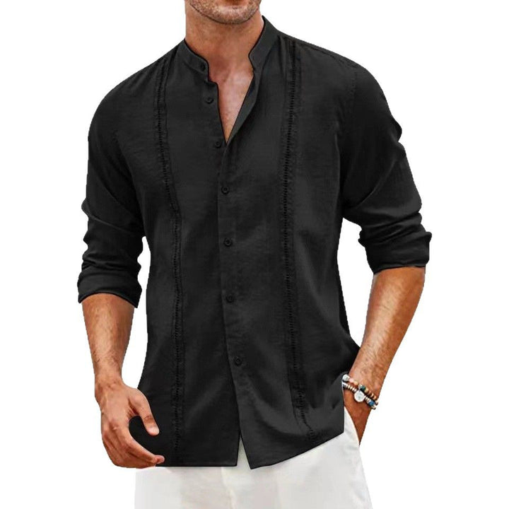 Men's Long Sleeve Linen Shirt with Stand Collar and Fine Embroidery Details Lisslune