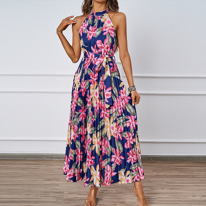 Ladies maxi dress with intricate pleating and stylish tie belt Lisslune