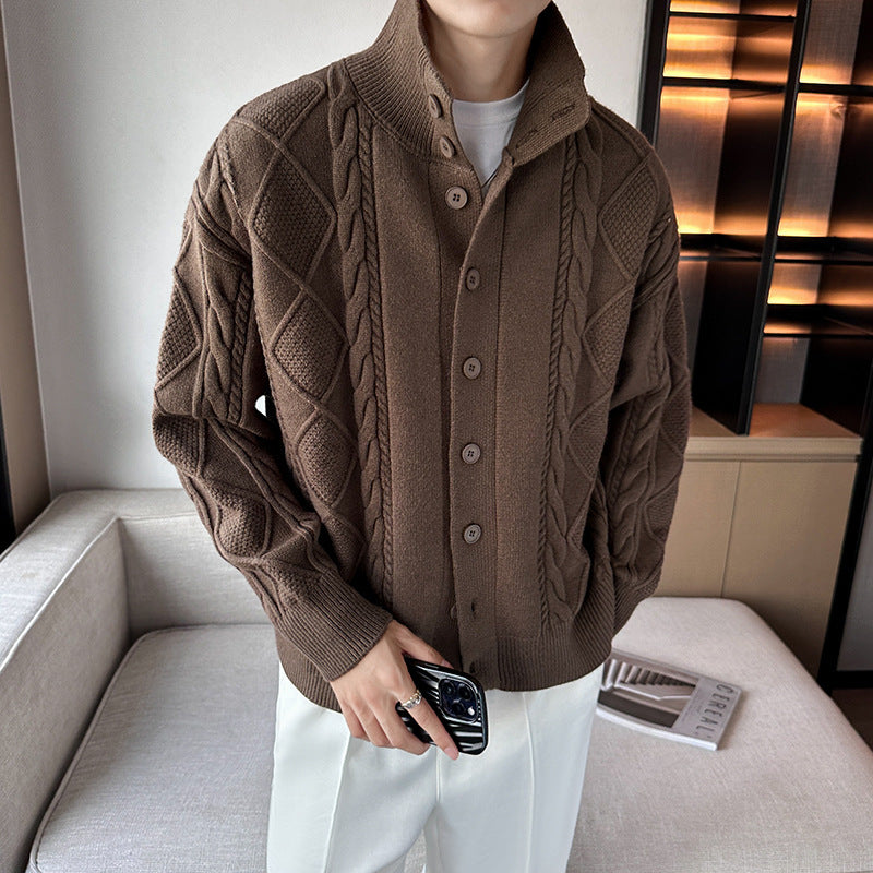 Men's chunky knit sweater with modern stand-up collar and button placket Lisslune