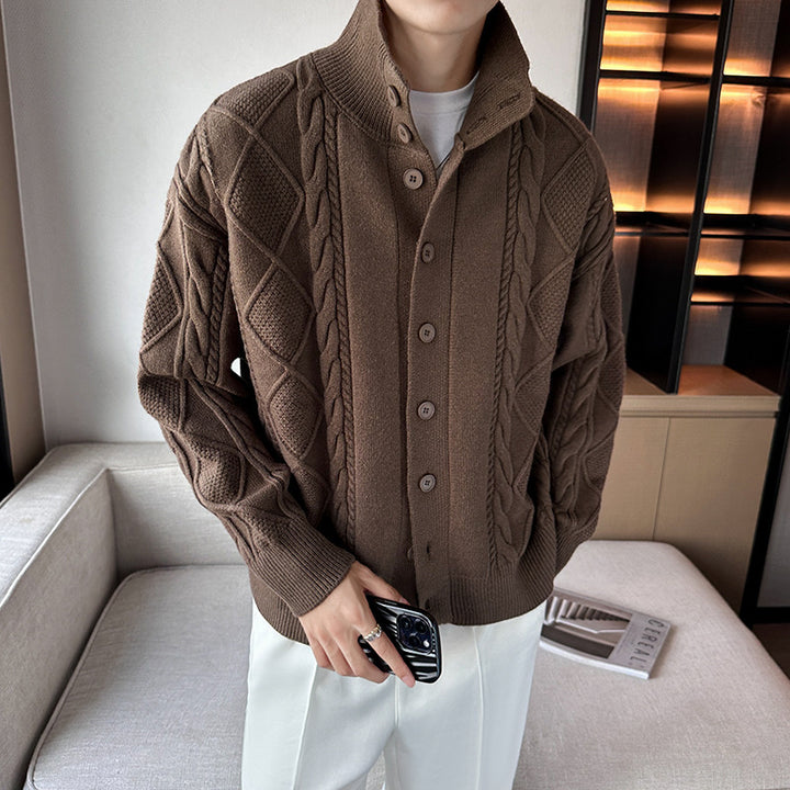 Men's chunky knit sweater with modern stand-up collar and button placket Lisslune