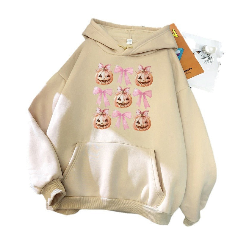 Women's Hoodie with Cheerful Pumpkin Design Lisslune