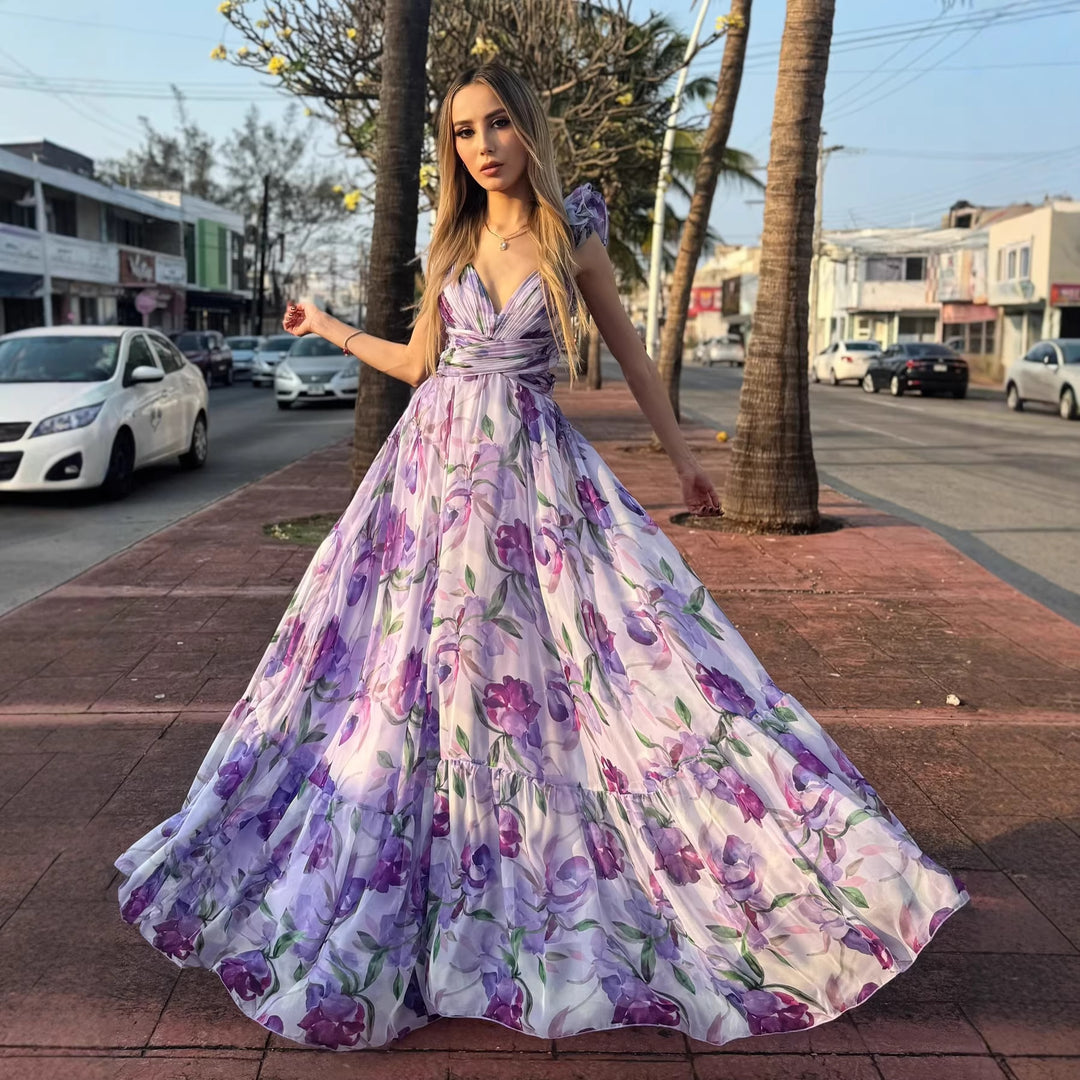 Women's maxi dress with airy ruffle details and extravagant wrap design
