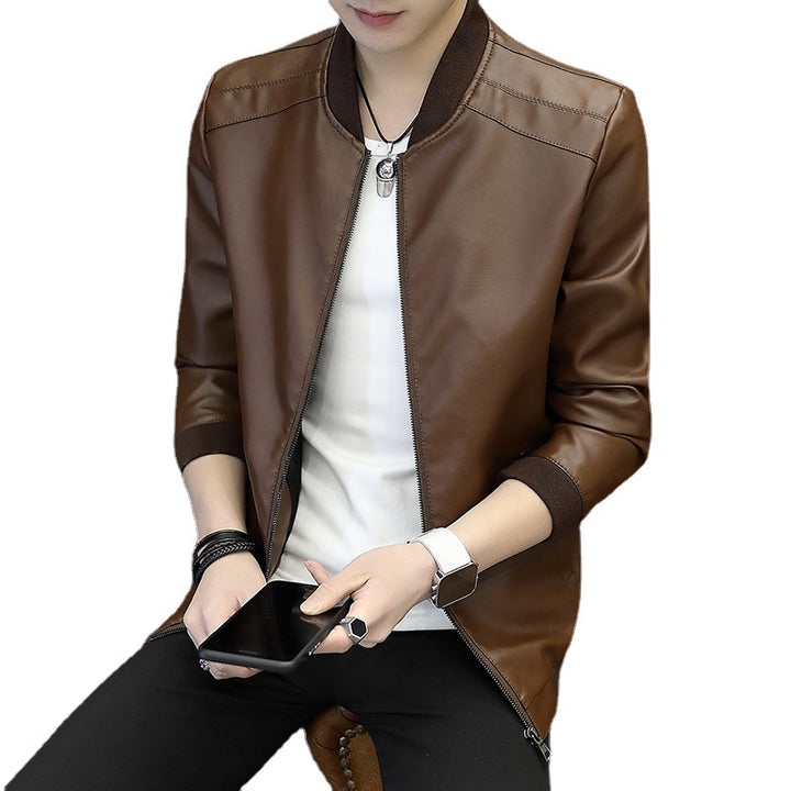 Men's fashionable synthetic leather jacket with sporty cut and practical zippered pockets Lisslune