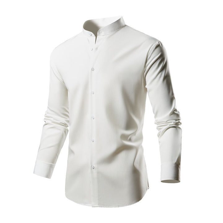 Men's Long Sleeve Kimono Shirt with Modern Stand-Up Collar and Elegant Button Details Lisslune