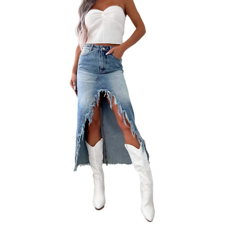 Women's mid-length denim skirt with partially frayed hem and high slit Lisslune