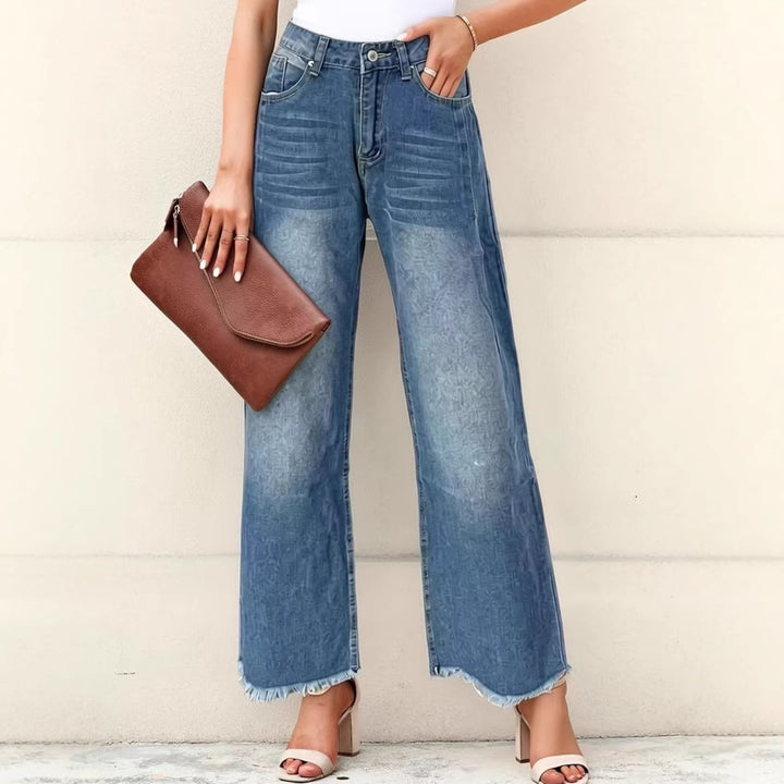 Damen weite Denim-Jeans mit kreativem Muster und fransigem Saum Lisslune
