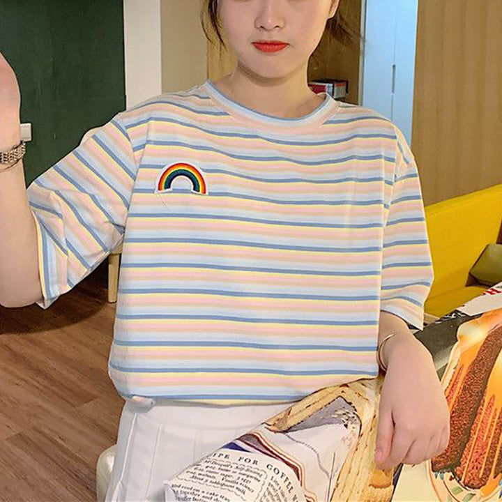Women's striped T-shirt with colorful rainbow patch Lisslune