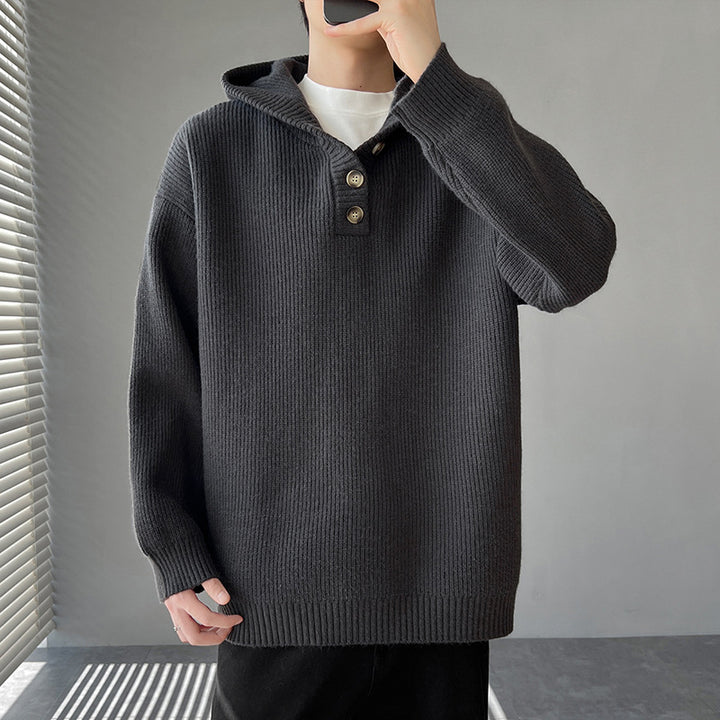 Men's knitted pullover with button placket and hood Lisslune