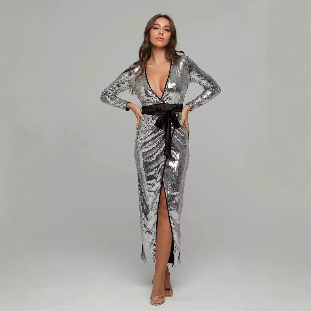 Women's glamorous evening dress with deep V-neck and side slit