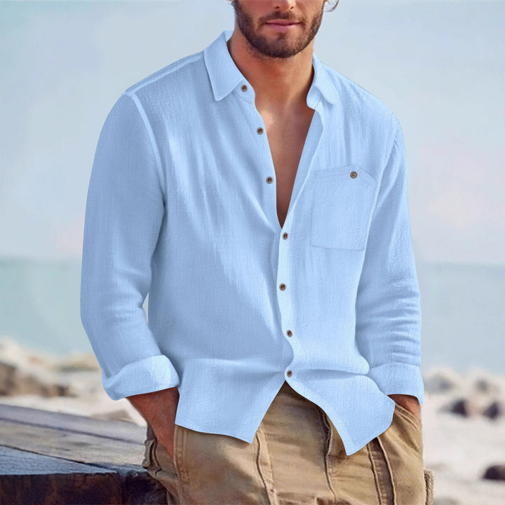 Men's Casual Long Sleeve Shirt with Textured Design and Patch Chest Pocket Lisslune