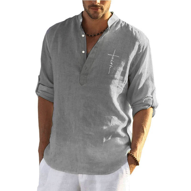 Men's linen shirt with modern stand-up collar and high-quality embroidery Lisslune