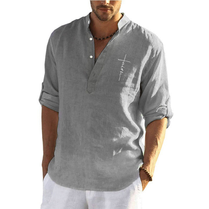 Men's linen shirt with modern stand-up collar and high-quality embroidery Lisslune