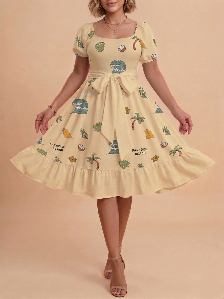 Women A-line dress with floral motifs and adjustable belt Lisslune