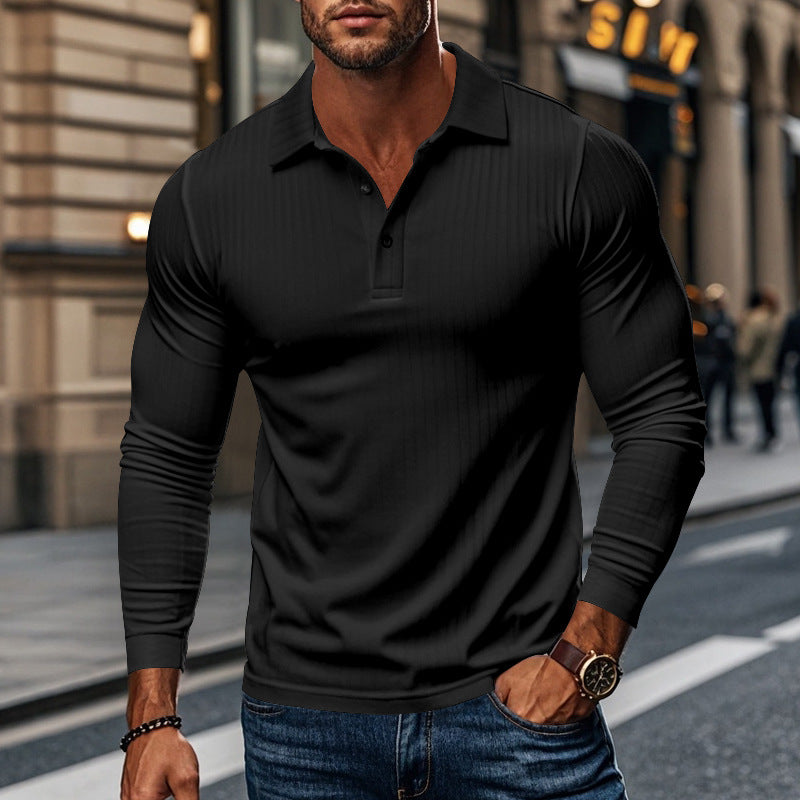 Men's Long Sleeve Polo Shirt with Textured Fabric Lisslune