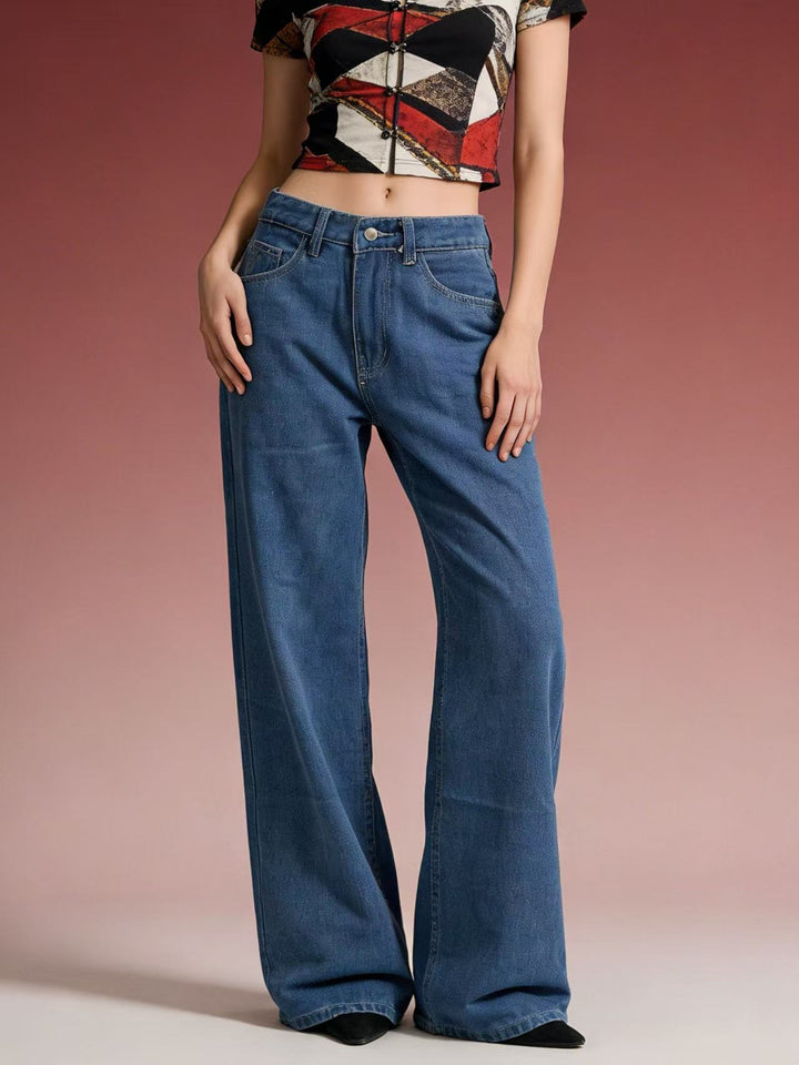 Damen weite Denim-Hose mit Vintage-Waschung und hoch geschnittenem Bund Lisslune
