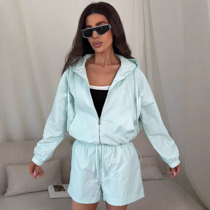 Women's Sporty Short Sleeve Set with Hooded Jacket and Elastic Waistband