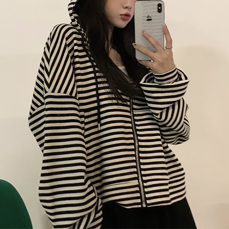 Women's striped zip hoodie with a casual cut and deep collar