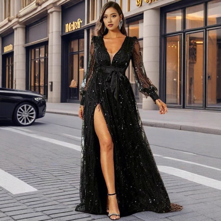 Ladies Glamorous Evening Dress with Shimmering Sequins and Deep Slit