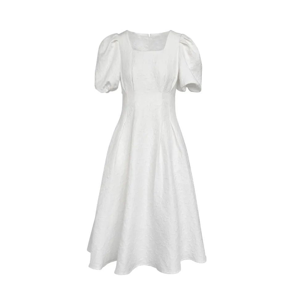 Women's elegant midi dress with square neckline and voluminous sleeves