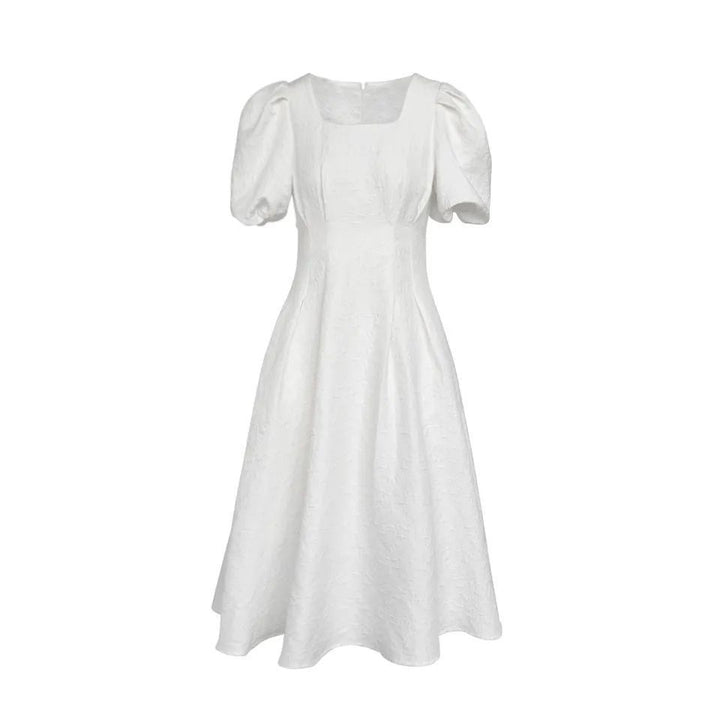 Women's elegant midi dress with square neckline and voluminous sleeves