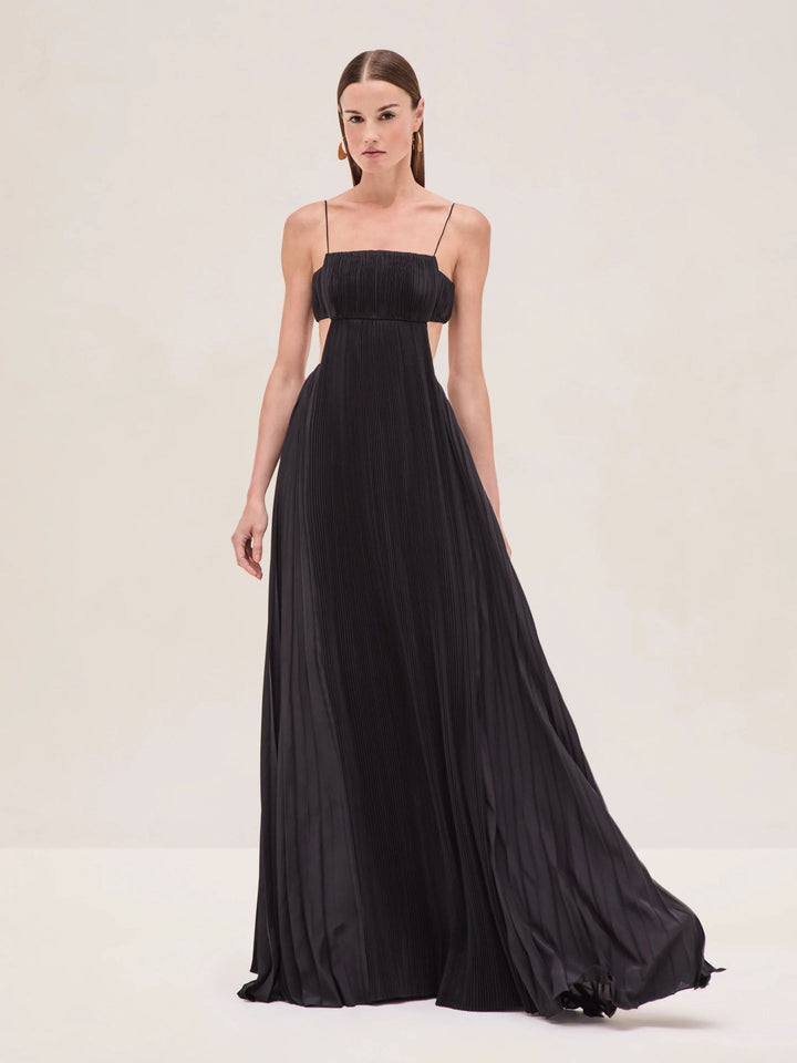 Women's maxi dress with elegant pleated details and thin spaghetti straps