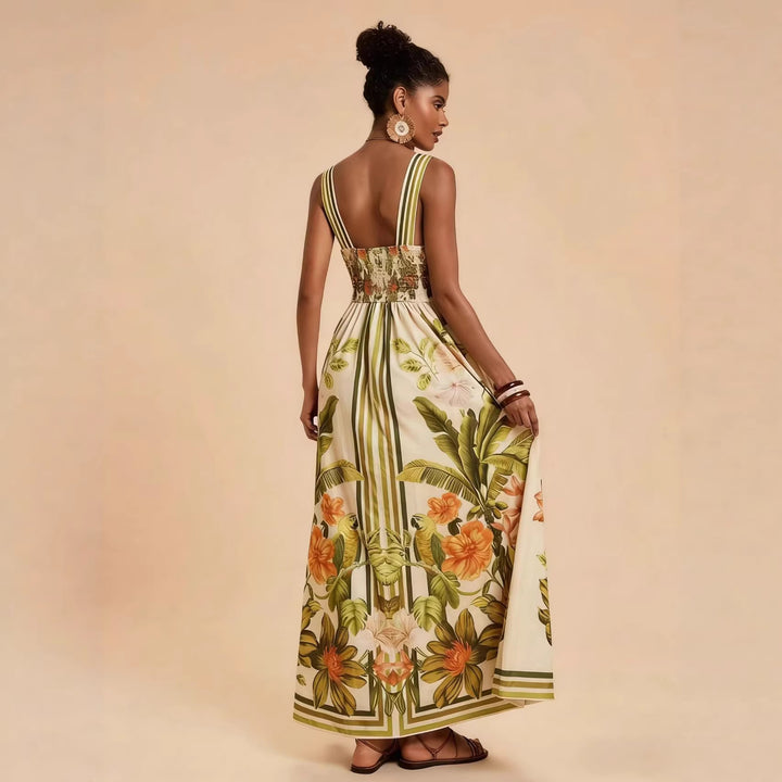 Women's maxi dress with deep V-neckline and floral design