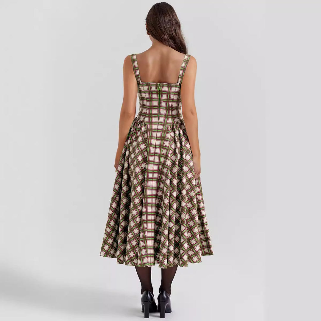 Women's midi dress in check pattern with textured bodice and voluminous skirt Lisslune