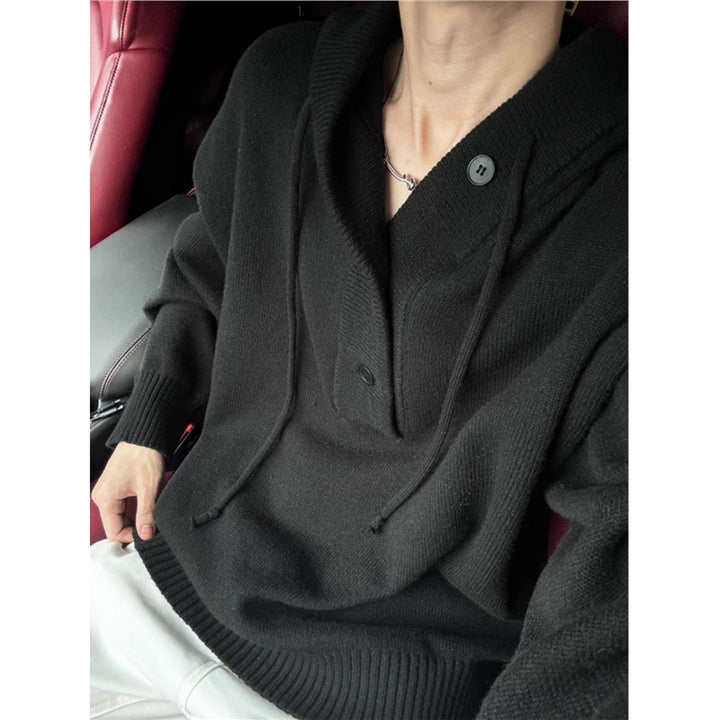 Men's casual hooded sweater with button placket and thicker knit structure Lisslune