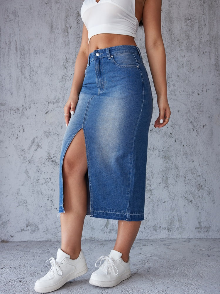 Women's denim midi skirt with high slit and tailored cut Lisslune