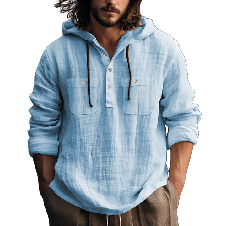 Men's hooded shirt with practical pockets and stylish button placket design Lisslune