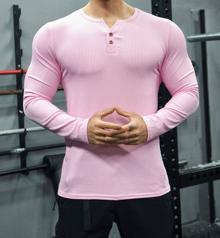 Men's Long Sleeve Henley Shirt with Textured Rib Design Lisslune