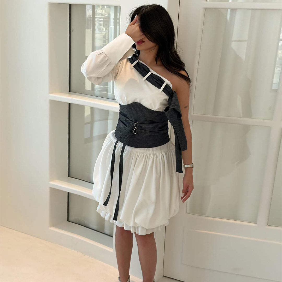 Women's Off-Shoulder Dress with Innovative Waist Bodice and Voluminous Skirt