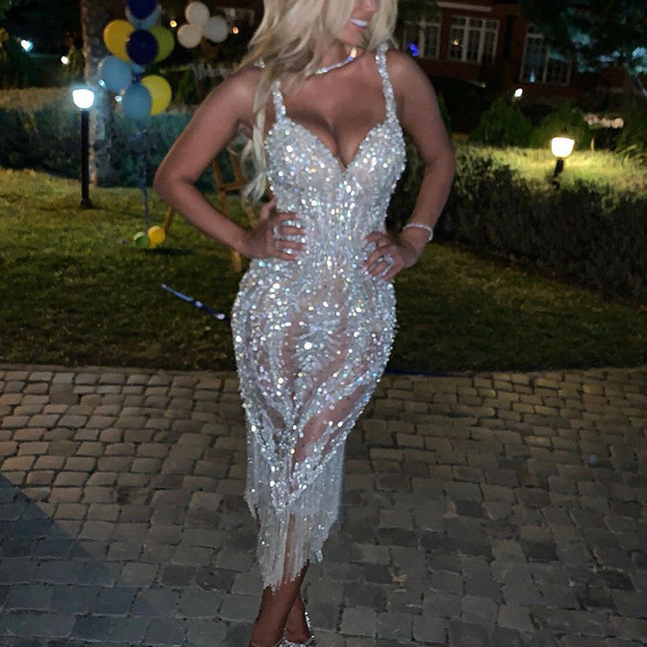 Ladies Glamorous Evening Dress with Sparkling Sequins and Fringes Lisslune
