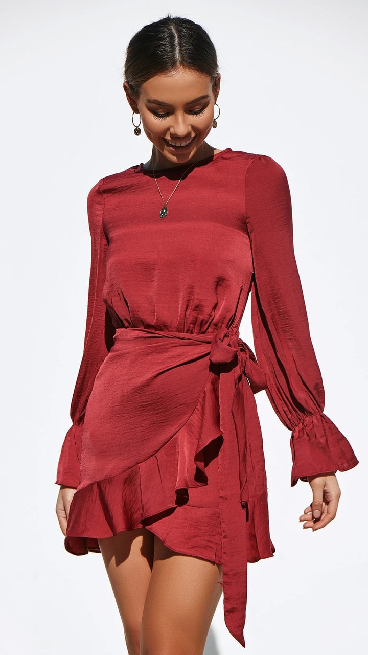 Women's wrap dress with swinging ruffle sleeves and elegant waist tie Lune London