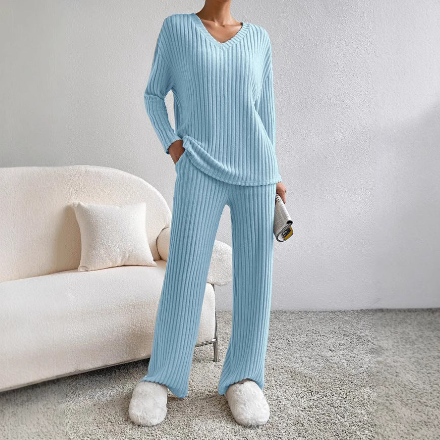 Women Comfortable Fine Knit Set with V-Neck and Long Sleeves Lisslune