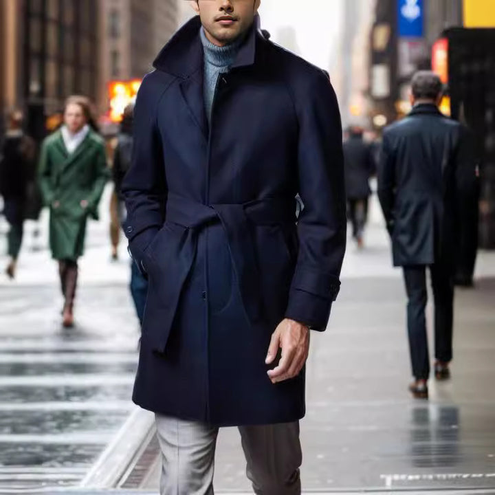 Men's fashionable wool trench coat with tie belt and large pockets Lisslune
