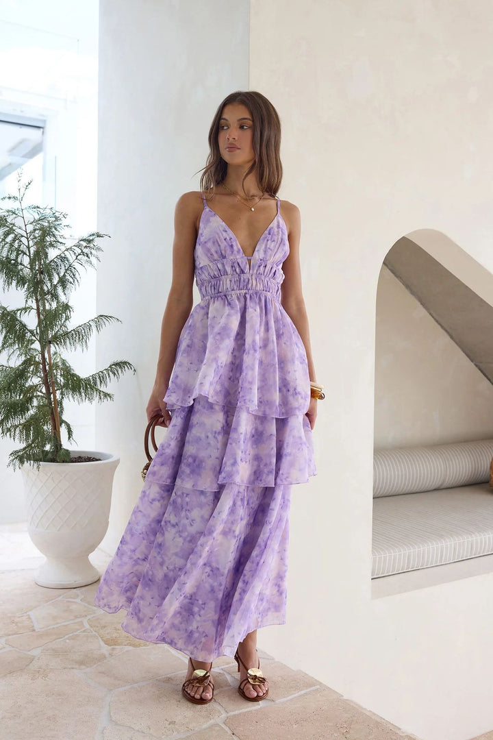Women’s maxi dress with voluminous ruffle layers and V-neck