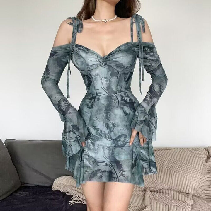 Women's mini dress with off-the-shoulder sleeves and floral pattern Lisslune