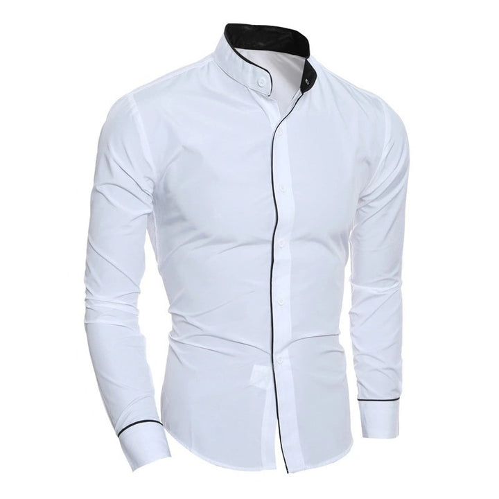 Men's Long-Sleeved Shirt with Modern Stand Collar and Contrasting Accents Lisslune