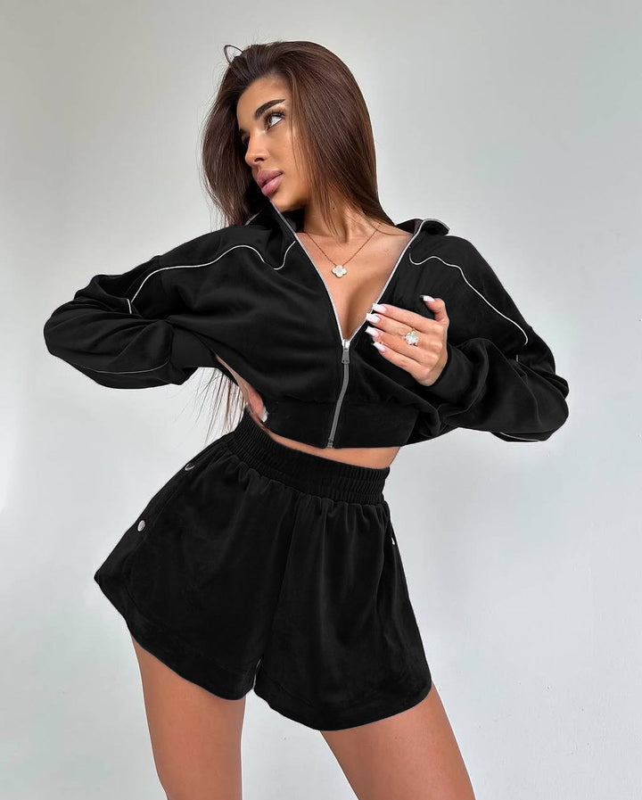 Women Sporty Velours Hoodie and Shorts Set Lisslune