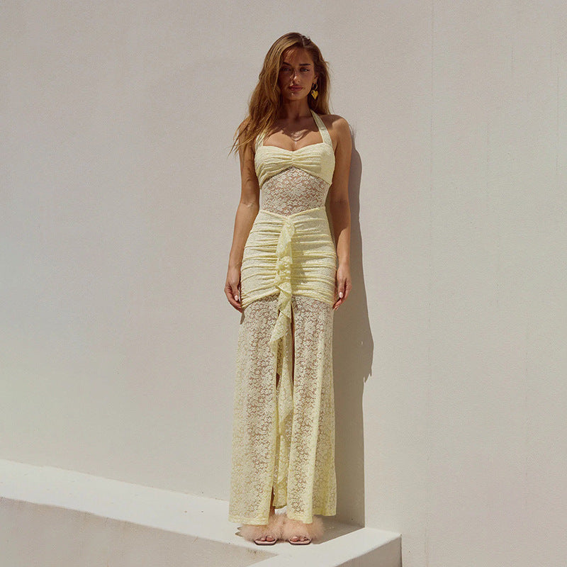 Ladies elegant and figure-hugging lace dress with chic gathering and fine straps Lune London