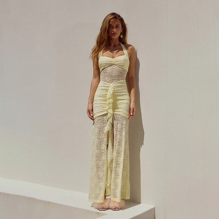 Ladies elegant and figure-hugging lace dress with chic gathering and fine straps Lune London