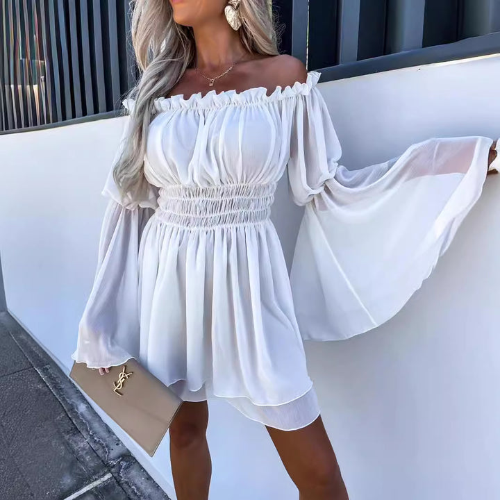 Women's Off-Shoulder Mini Dress with Elastic Waistband and Flowing Fabric
