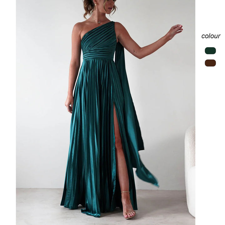 Ladies evening dress with elegant pleated skirt and asymmetric top