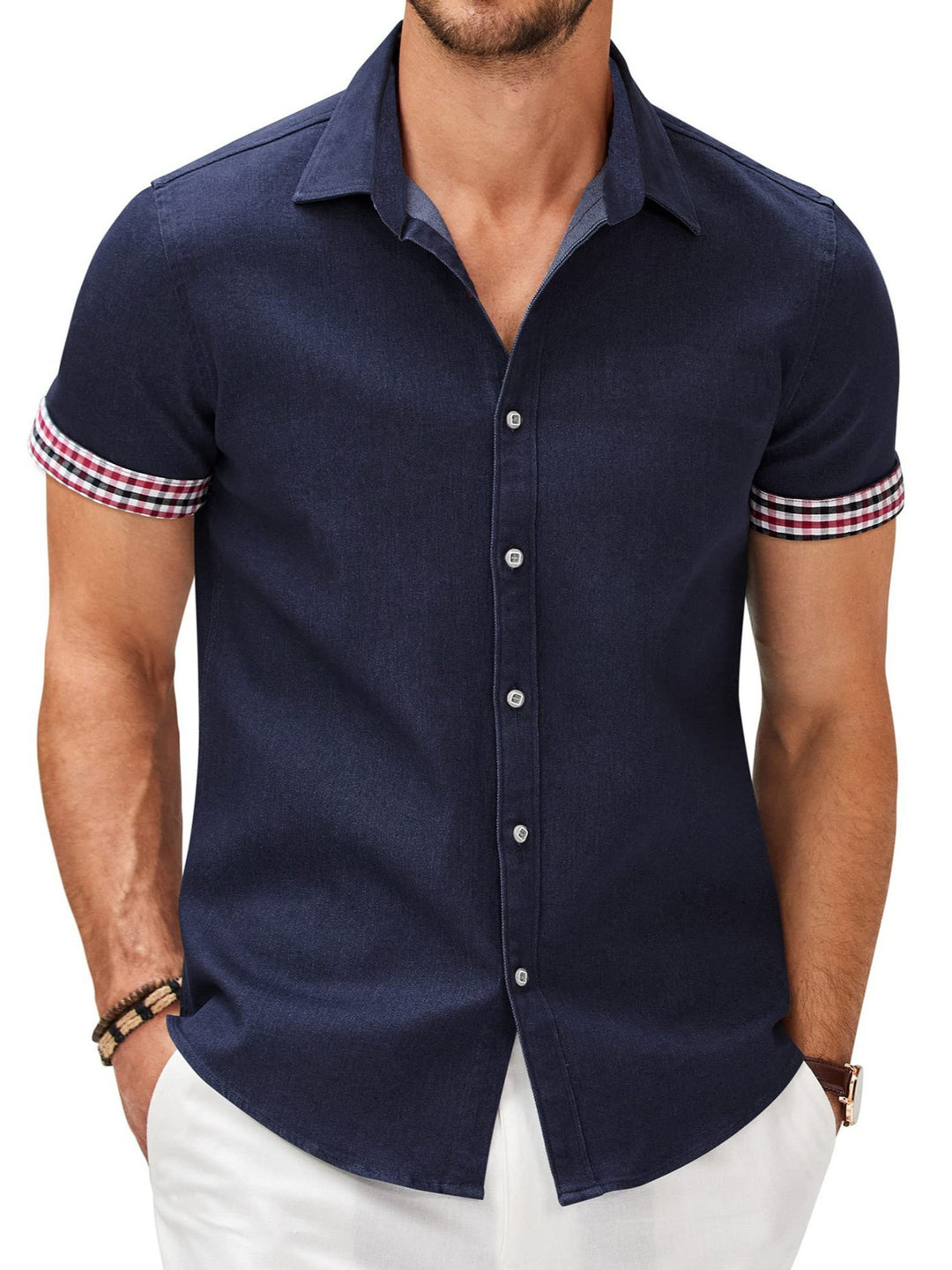 Men's short-sleeve shirt with a modern denim look and stylish checkered pattern Lisslune