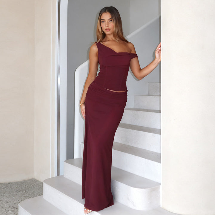 Women's maxi dress with off-the-shoulder design and elegant ruffle detail Lune London