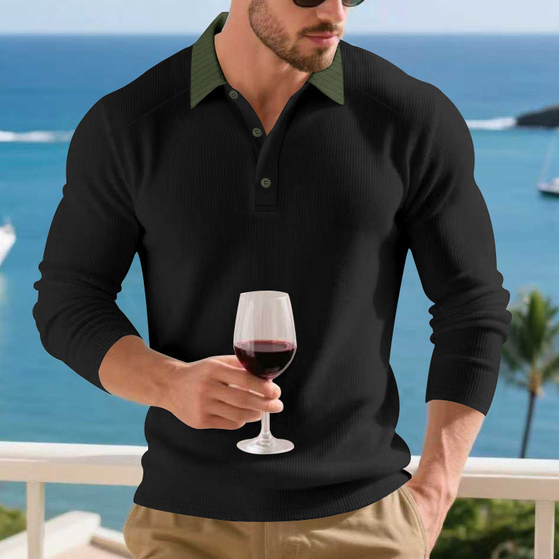 Men's Long Sleeve Polo Shirt with Textured Design and Elegant Button Placket Lisslune