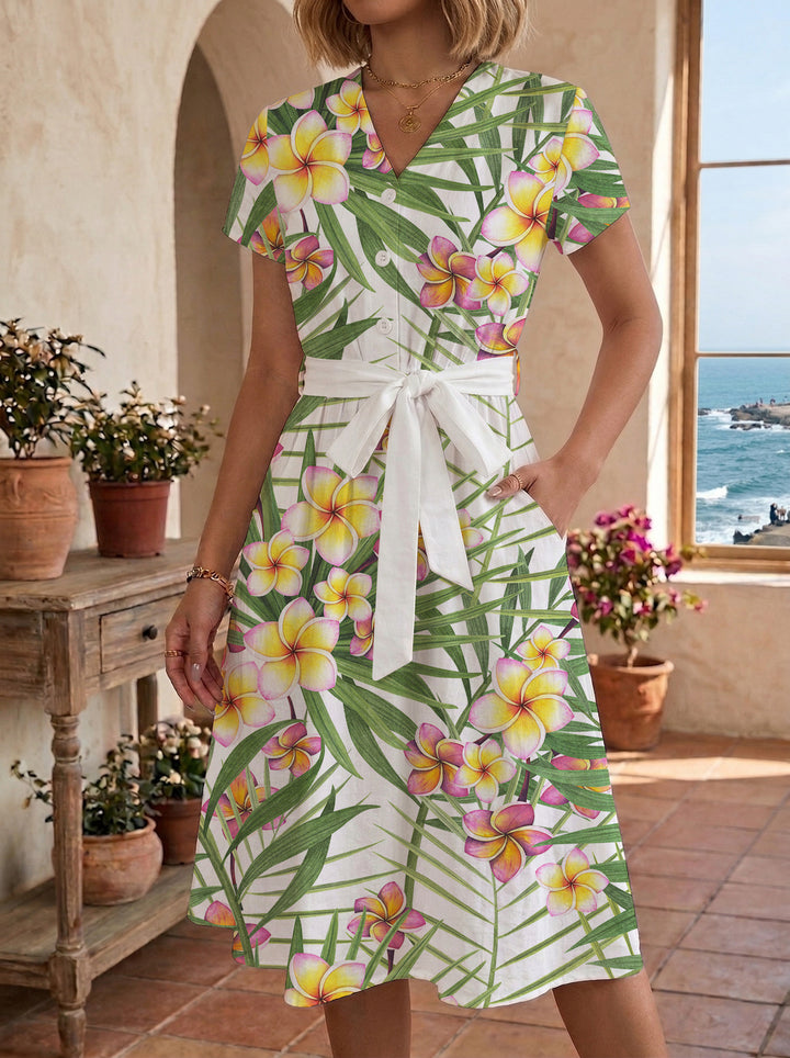 Women’s midi dress with colorful floral design and adjustable tie belt Lisslune