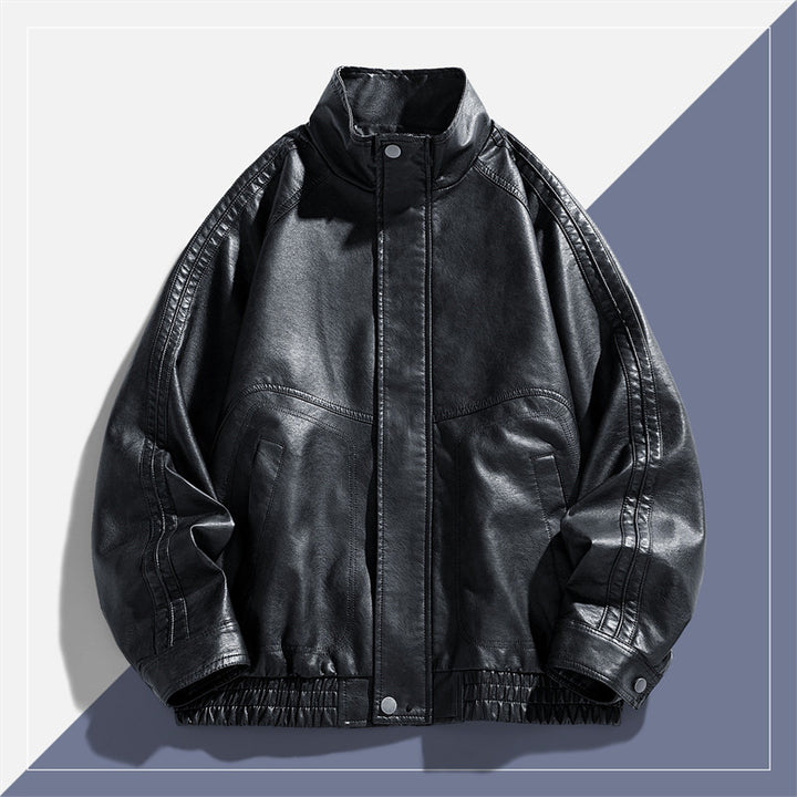 Men's Casual Synthetic Leather Jacket with High Collar and Elastic Hem Lisslune